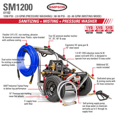 Simpson SM1200 Electric Pressure Washer & Misting Sanitizer – 1200 PSI, 2.0 GPM, 75' Hose, AAA Pump, 6 QC Nozzles, Lightweight Aluminum Frame - 61102