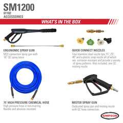 Simpson SM1200 Electric Pressure Washer & Misting Sanitizer – 1200 PSI, 2.0 GPM, 75' Hose, AAA Pump, 6 QC Nozzles, Lightweight Aluminum Frame - 61102