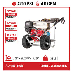 Simpson Aluminum 4200 PSI Gas Pressure Washer - Honda GX390 Engine ALH4240